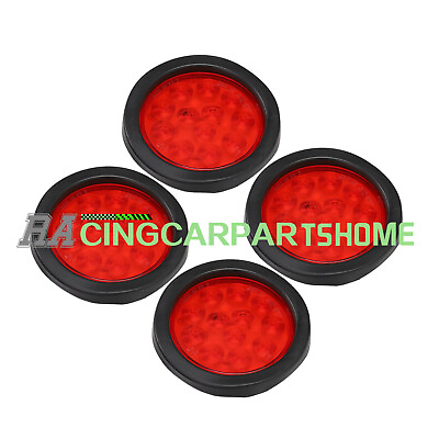 #ad 4Pcs 12 LED 4quot; Round Truck Trailer RV Brake Stop Turn Tail Rubber Light Red