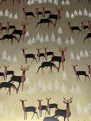 #ad VTG CHRISTMAS WRAPPING PAPER GIFT WRAP MCM REINDEER amp; TREES GOLD NOS 24quot; X 28quot;
