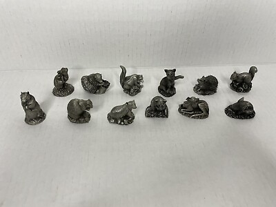 #ad Lot of 12 Jane Lunger Pewter 1981 Franklin Mint Animal Pieces Fox Rabbit Figures