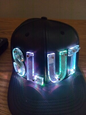 #ad novelty SLUT cap. fake leather ball cap style clip back. light up acrylic mirr