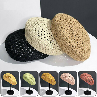#ad Women Handmade Vintage Straw Beret Summer Beanie Hat Adjustable Cap Cutout Style