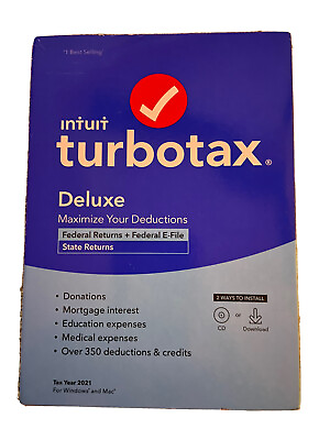 Intuit TurboTax Deluxe 2021 Federal and State E File Sealed Install CD Download