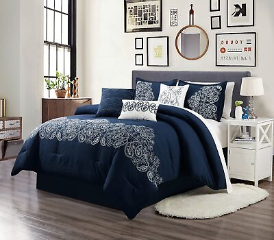 #ad Linz 7 Piece Navy Blue White Embroidered Paisley Floral Scroll Comforter Set