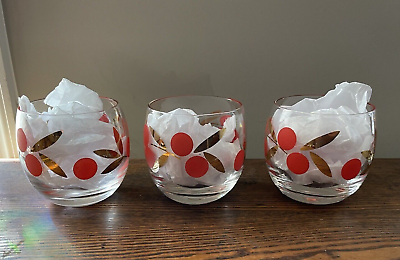 #ad Vintage Federal Red Cherry Gold Leaf Roly Poly Drink Glasses Cocktail Barware