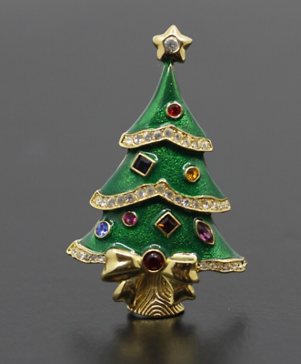 #ad Franklin Mint Christmas Tree Pin Brooch Rhinestone Crystal Enamel Gold Tone