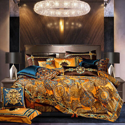 #ad European Villa Satin Bedding Set Jacquard Quilt Cover Bed Sheet Pillow Cover