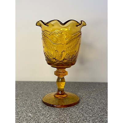#ad #ad VTG MCM LE. Smith Federal Amber Glass American Eagle and Stars Scalloped Goblet