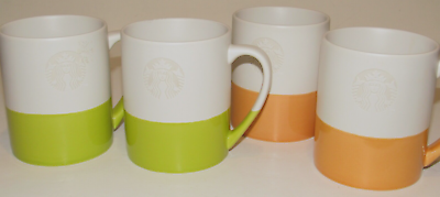 #ad 4 Starbucks Dipped Ceramic Mug Green Orange 14 Oz Siren Series Logo Embossed Set