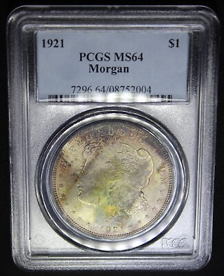 #ad 1921 P PCGS Graded MS64 Morgan Silver Dollar Color Toning Certified Toned Coin