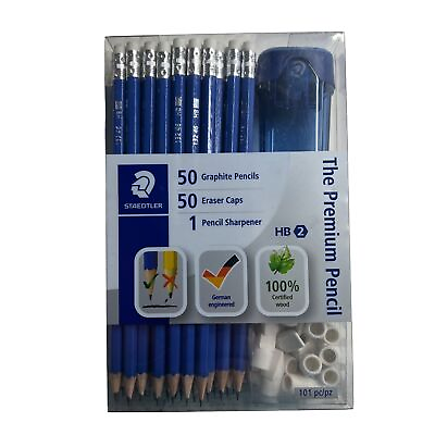 #ad Staedtler New in Box 50 HB2 Graphite Pencils 50 Eraser Caps 1 Pencil Sharpener