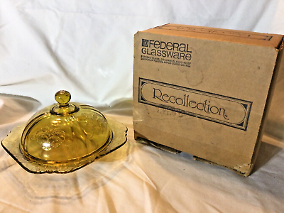 #ad FEDERAL AMBER MADRID DEPRESSION GLASS Domed COVERED BUTTER DISH