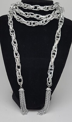 #ad Elegant Silver Tone Wrap Lariat Scarf Necklace with Tassels Light Beautiful 48in