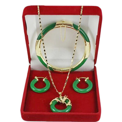 #ad 18K Gold Plated Women Natural Jade Pendant Necklace Earring Bracelet Jewelry Set