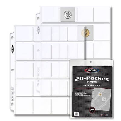 #ad 20 BCW 2x2 Coin Pocket Page Album Pages for 2x2 Coin Flips Binder Sheets Storage