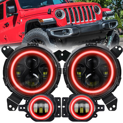 #ad RED Halo LED Headlights Fog Lights for 2018 2023 Jeep Wrangler JL Gladiator JT
