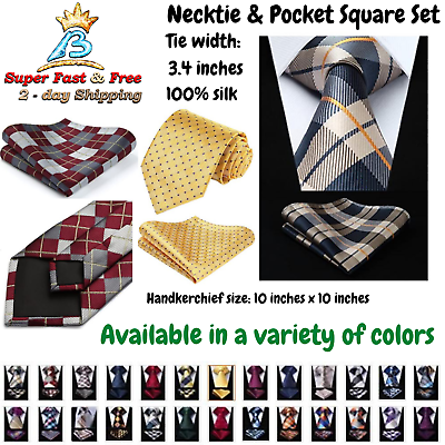 #ad Men Classic Necktie Wedding Tuxedo Geometric Striped Dress Ties W Pocket Square