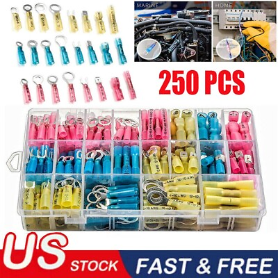 #ad #ad 250x Heat Shrink Wire Connectors Electrical Ring Fork Spade Crimp Terminals Kit