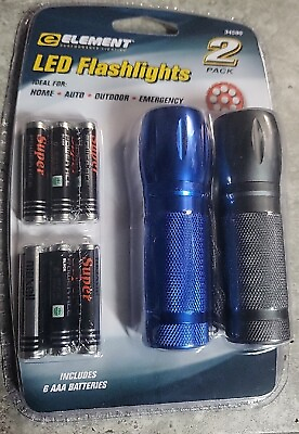 #ad Element LED Flashlights 2 Pack with 6 AAA Batteries New Sealed cHECK iT