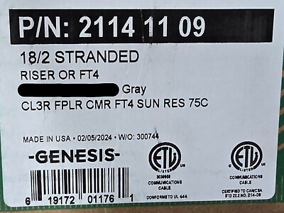 #ad Honeywell Genesis 2114 18 2C Security Control Cable UV Resistant CMR Gray 100ft