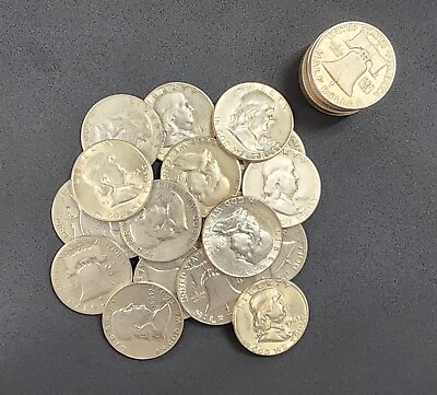 #ad Franklin Half Dollars 1 Roll 20 Coins 90% 1950 1963 $10 Face Value CJ 11