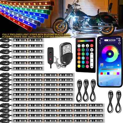 #ad 16PC RGB Bluetooth Motorcycle LED Light Under Glow Neon Strip Remote Control Kit