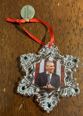 #ad Barack Obama Willabee Ward Danbury Mint Christmas Ornament Snowflake Clear Glass
