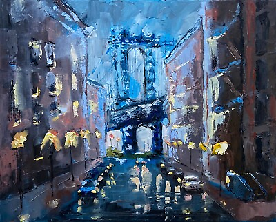 #ad Manhattan oil painting ORIGINAL art impasto New York Rain Night City Cityscape