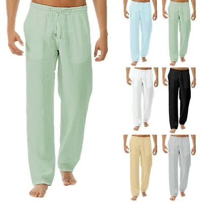 #ad Mens Cotton Linen Loose Pants Casual Drawstring Beach Yoga Baggy Long Trousers