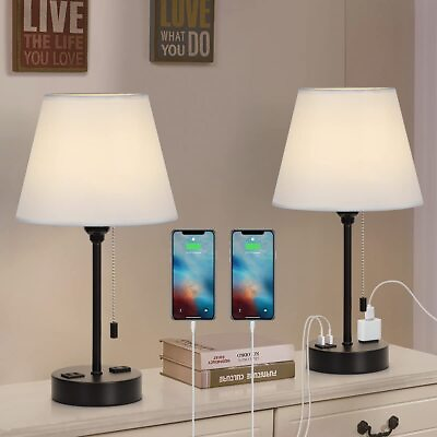 #ad Set of 2 Table Lamps Modern Bedroom Nightstand Desk Lamp w 2 USB Charging Ports