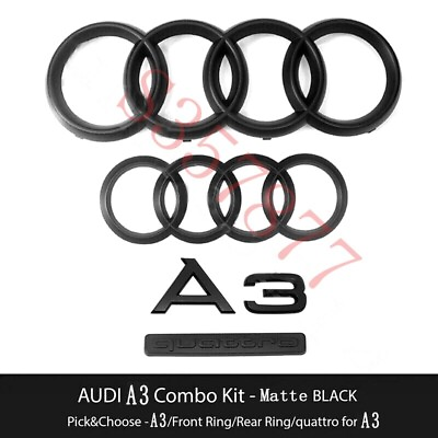 #ad For Audi A3 Front Rear Rings Emblem Matte Black Trunk Quattro Badge Kit OE