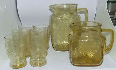 #ad #ad Vintage Federal Glass Madrid Pattern Amber Depression 2 Pitcher 6 Glasses 8 Pc.