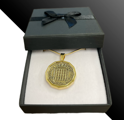 #ad 1954 70th Birthday Gift Pre Decimal Brass Threepence 3D Coin Pendant