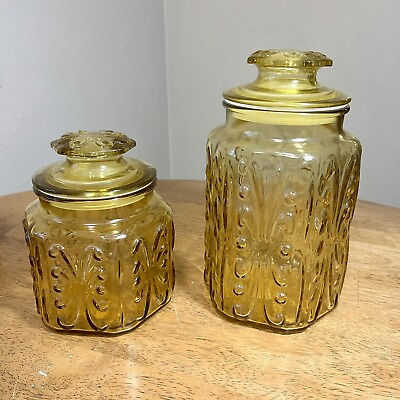#ad #ad Vintage Federal Amber Yellow Glass Lidded Canisters Imperial Atterbury Scroll