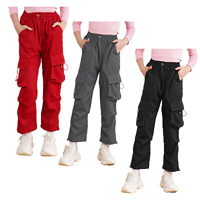 #ad Kids Girls Cargo Pants Drawstring Sweatpants School Trousers Camping Dancewear
