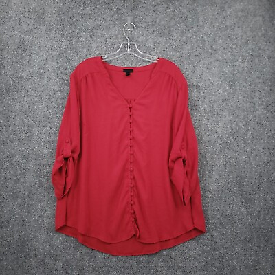 #ad Torrid Blouse Womens 2 US 2X Plus Red Button Front V Neck Roll Tab Sleeves Top