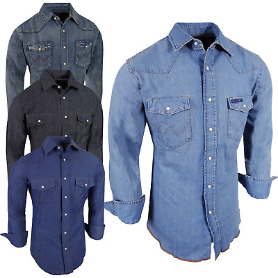 #ad Denim Western Shirt Mens Blue Wash Cotton Snap Pocket Flaps Contrast Stitching