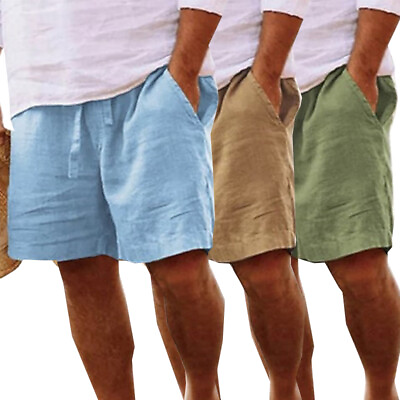 #ad Mens Cotton Linen Shorts Summer Beach Hawaiian Drawstring Waist Short Pants Tops