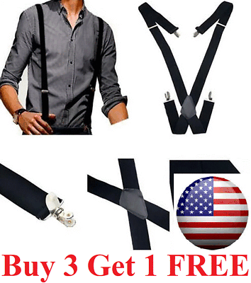 #ad Men#x27;s Adjustable Suspenders Elastic X Shaped Braces Clips Pants Brace Solid TBN