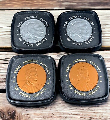 #ad Rare Coin Collectors Plastic Coaster 1914 Penny 1918 Nickel 1st Federal of Bucks
