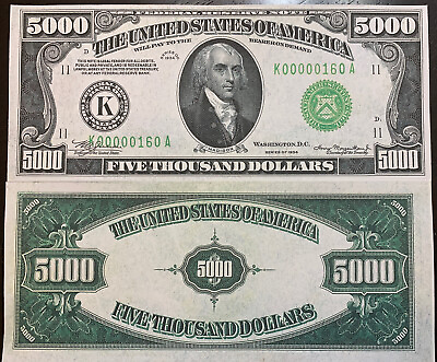 Reproduction United States 1934 $5000 Bill Federal Reserve Note Copy USA Madison