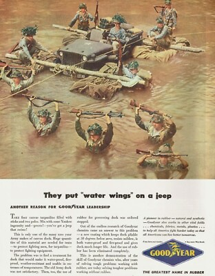 WW2 Marines on Floating Jeep BAR Man M1 Riflemen GOODYEAR 1944 Magazine Print Ad