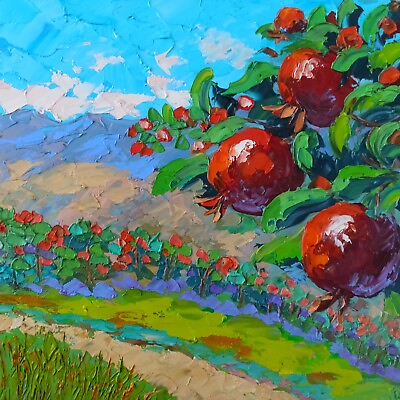 #ad Original Oil Painting Red Pomegranate on tree Painting 12x12in Impasto Artwork