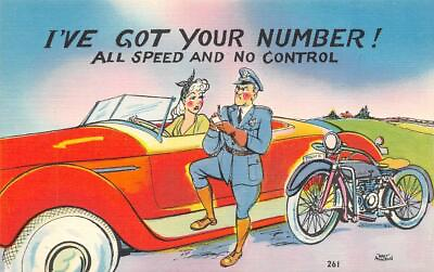 #ad Police Comic I#x27;VE GOT YOUR NUMBER Blonde In Convertible Motorcycle Cop Postcard