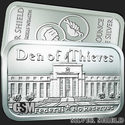 #ad Den of Thieves 1 OZ .999 Silver Shield Bar Not Federal amp; NO Reserves W Capsule