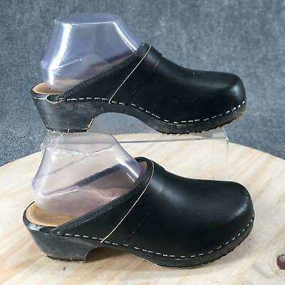 #ad #ad Skane Toffeln Shoes Womens 40 Mule Clogs Black Leather Round Toe Slip On Wedge