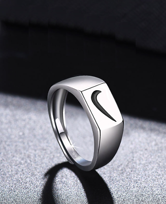#ad Silver Titanium Unisex Black Hook Nike Symbol Right Marked Adjustable Ring