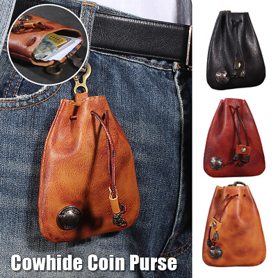 #ad Retro Drawstring Wallet Genuine Leather Coin Purse Money Pocket Pouch Small Bag