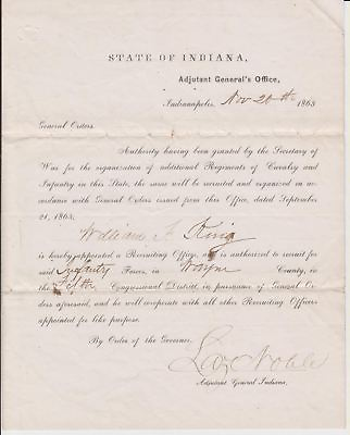 #ad CIVIL WAR STATE OF INDIANA RECRUITING OFFICER APPOINTMENT SIGNED LAZARUS NOBLE
