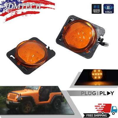 #ad Pair Front Fender LED Side Marker Light Amber Lens for 2007 18 Jeep Wrangler JK