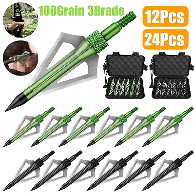 #ad 24 12Pcs Archery Hunting Arrowheads 100 Grain Compound Bow Crossbow Broadheads